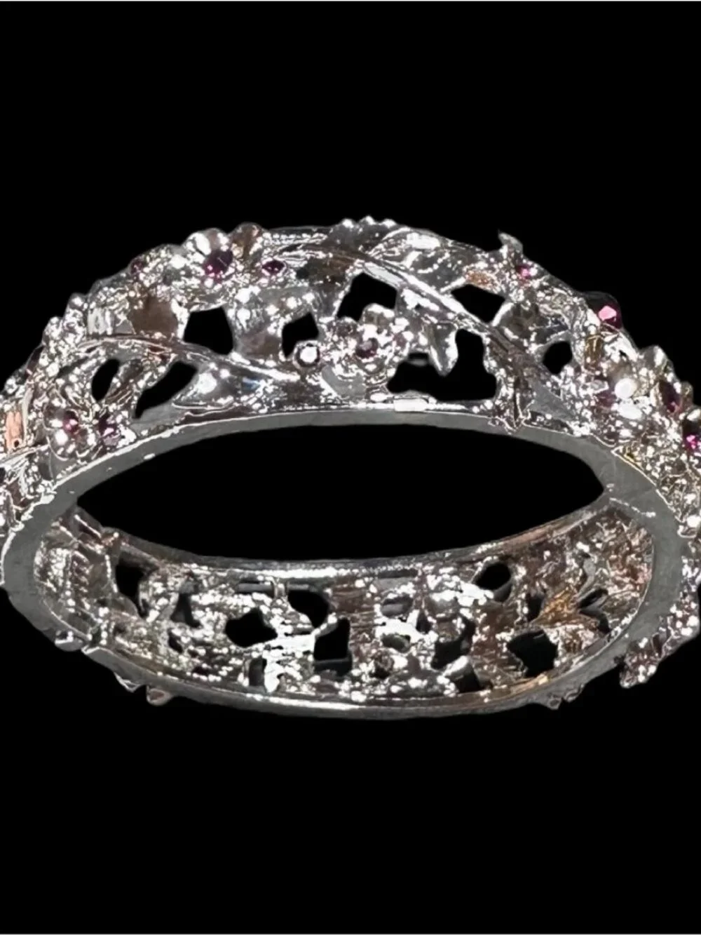 Hinged Bangle Bracelet Clamper Silver Tone Floral Filigree Purple Rhinestone